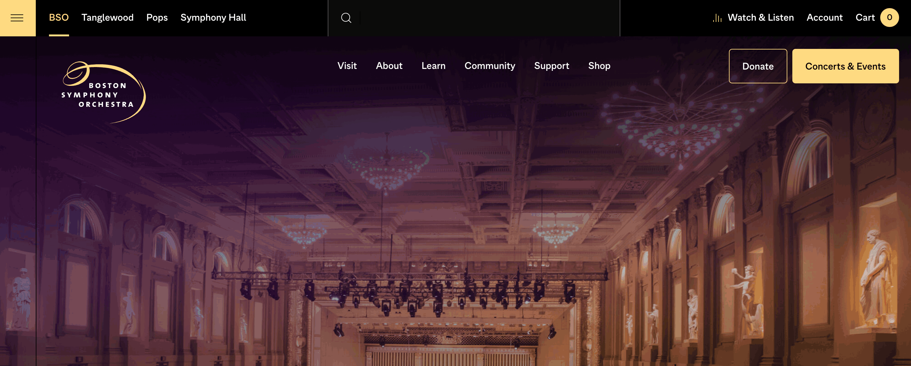 The Boston Symphony Orchestra website header with a search bar autocompleting a user's search for Beethoven with different events and profile links.