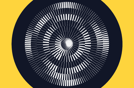A circular graphic design featuring concentric rings of white vertical dashes radiating from the center against a dark navy background, set on a yellow square.